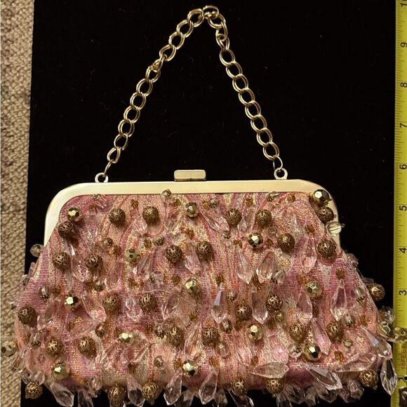 Rafe evening pink & silver jacquard.kiss lock purse clutch w beading VINTAGE - Picture 2 of 13